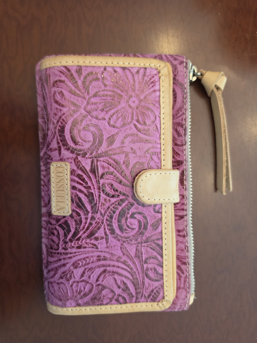 Consuela Pink Floral Embossed Zip Wallet with Tan Trim
